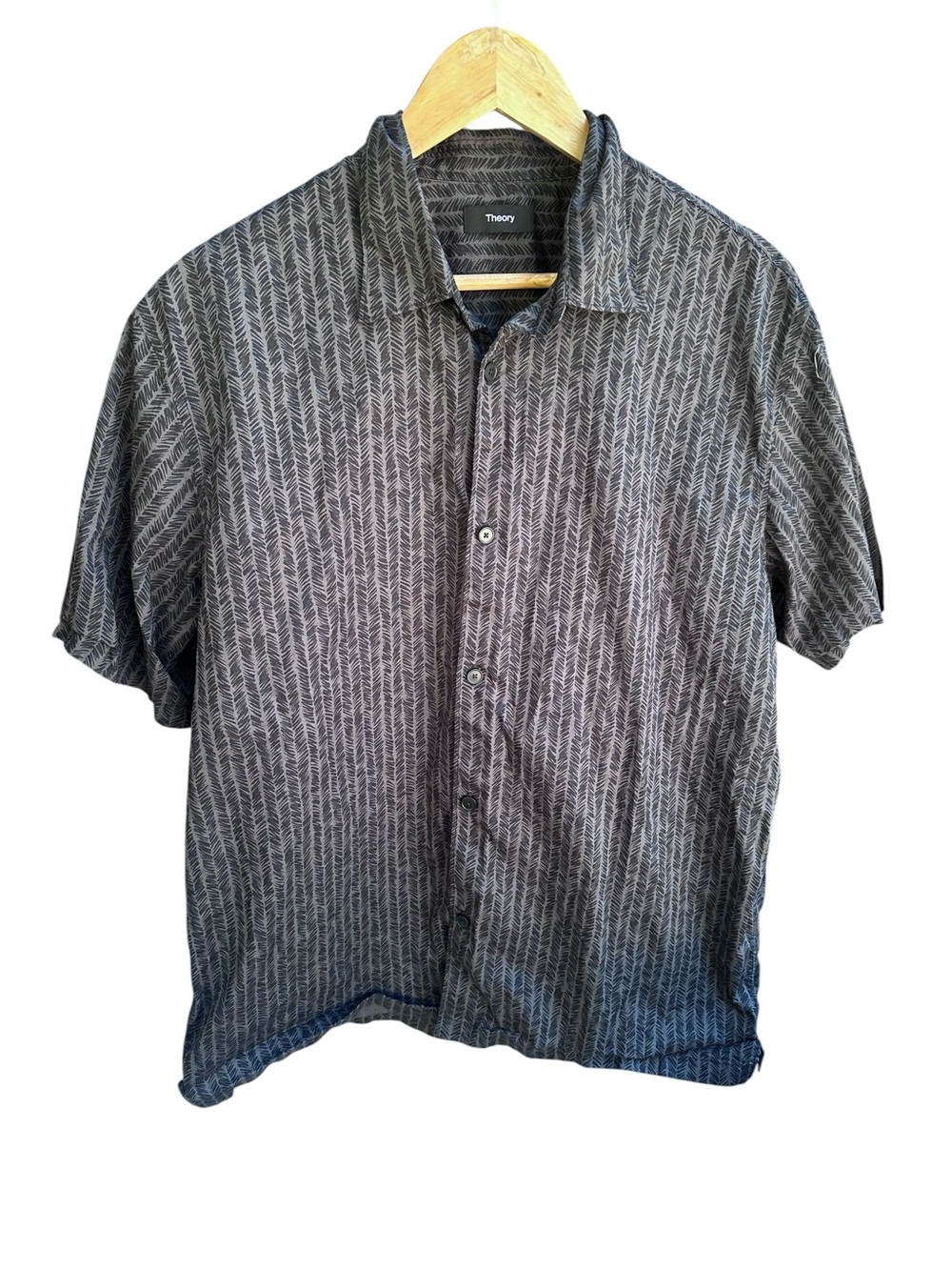 Theory Noll Scribble Short Sleeve Button-Down Shirt Black Gray Size XL